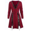 Lace Up Grommet Plunge Slit A Line Tunic Tee - RED WINE M