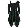 Gothic Plaid Asymmetrical Handkerchief Cold Shoulder Dress - BLACK L
