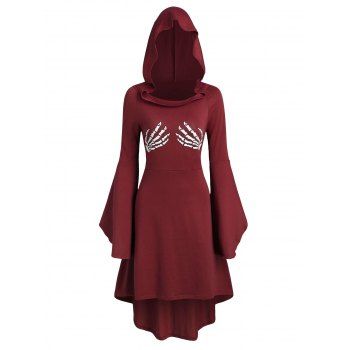 

Skeleton Print Lace Up Halloween Hooded Dress, Red wine