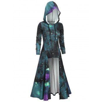 

Hooded Galaxy Print Slit Maxi Top, Greenish blue