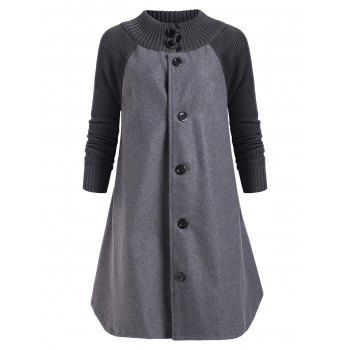 

Button Up Raglan Sleeves Knitted Panel Coat, Gray