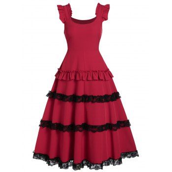 

Lace Up Shirred Zippered Fit And Flare Rockabilly Style Vintage Dress, Lava red