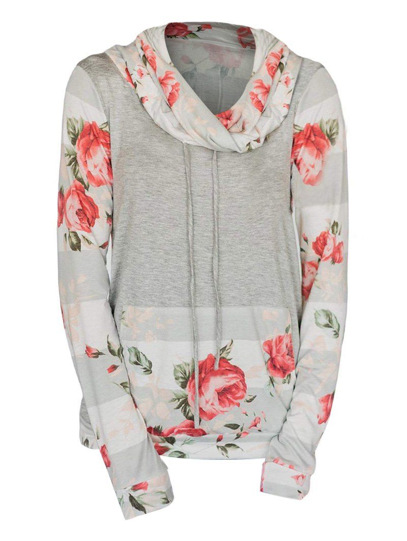 

Striped Flower Print Cowl Neck Pocket Long Sleeve Tee, Gray