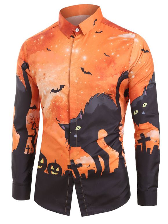 T-shirt d'Halloween avec Imprimé Citrouille et Chat à Manches Longues - multicolor A 2XL