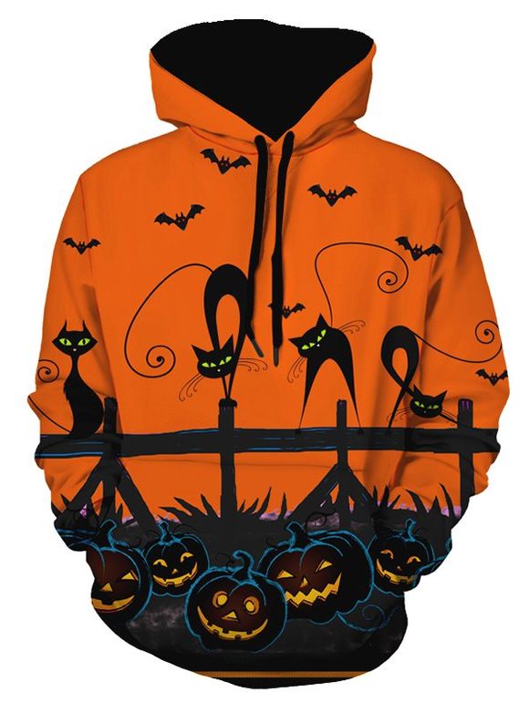 Sweat à Capuche d'Halloween Citrouille et Chat Imprimés - Orange Halloween 2XL
