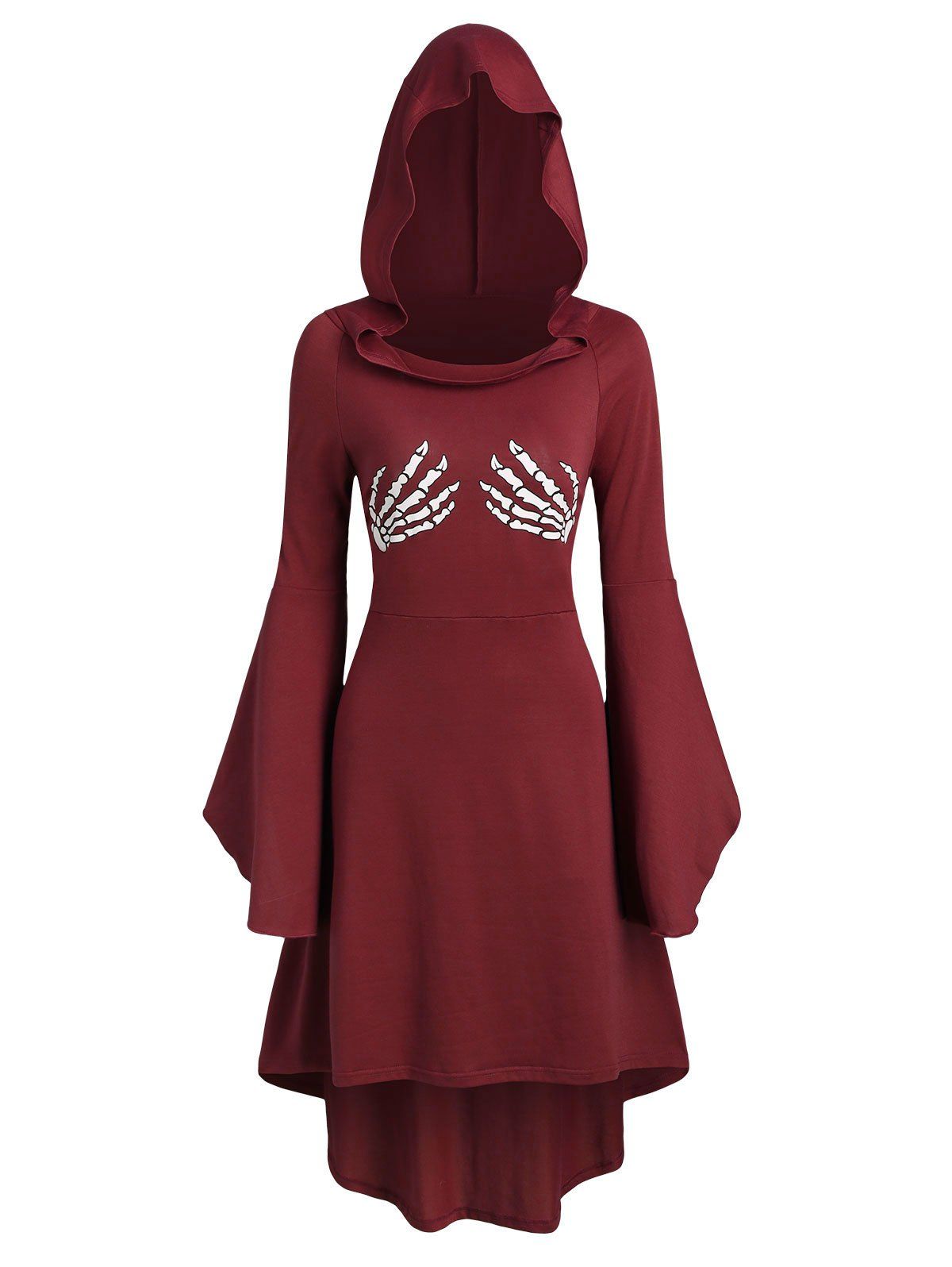 Skeleton Print Lace Up Halloween Hooded Dress
