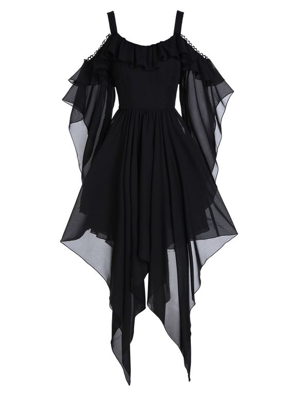 Robe Asymétrique Gothique Epaule Dénudée Sans Dos à Volants - Noir 3XL