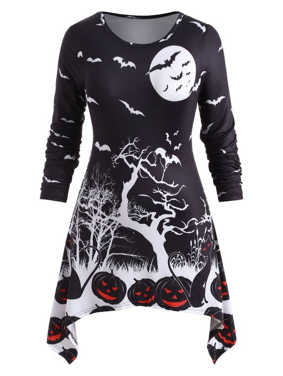 T-shirt d'Halloween Mouchoir Chauve-souris et Citrouille Imprimés de Grande Taille - Noir 5X