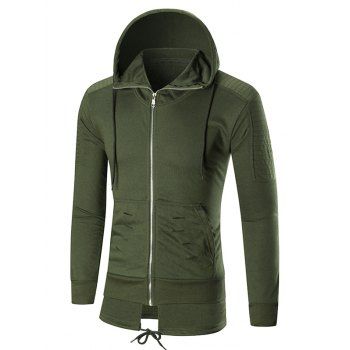 

Faux Twinset Pleated Ripped Solid Color Zipper Hoodie, Army green