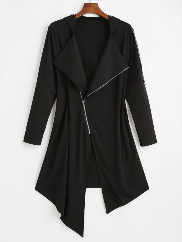 Manteau à Capuche Asymétrique Zippé Grande Taille avec Œillet - Noir M