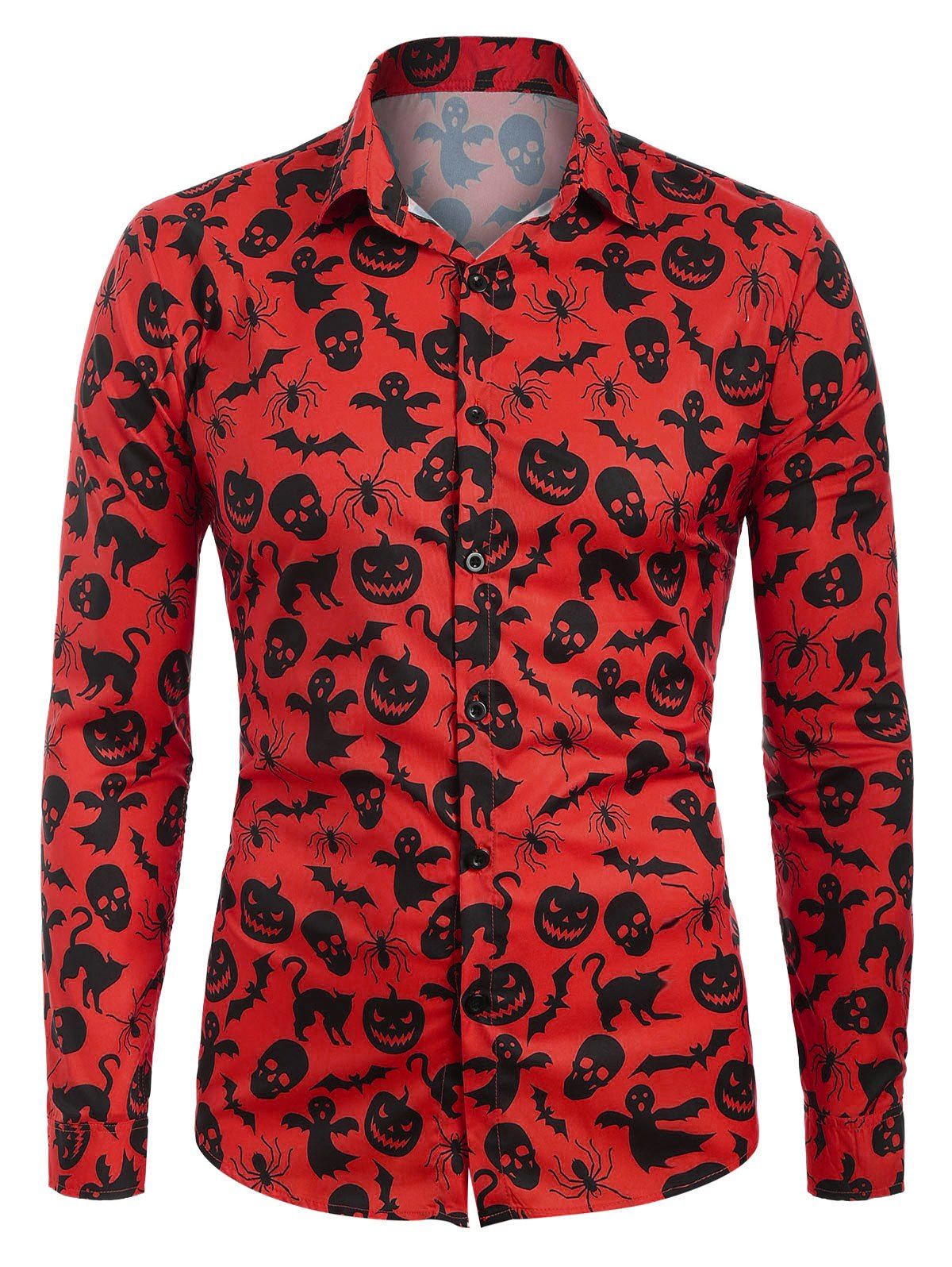 [60% OFF] 2020 Halloween Print Button Up Casual Shirt In RED | DressLily