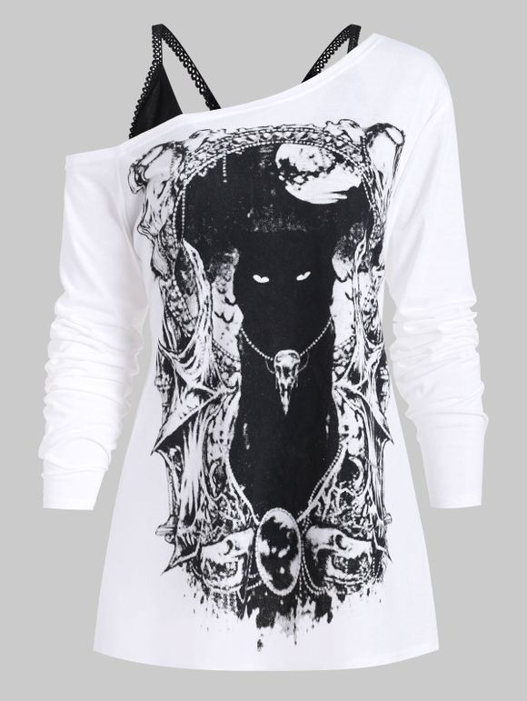 T-shirt Gothique Chat à Col Oblique avec Haut à Bretelle - Blanc S