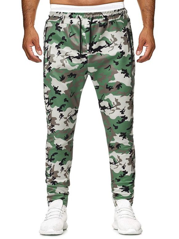 Pantalon Zippé Camouflage Imprimé avec Poche à Cordon - Vert L