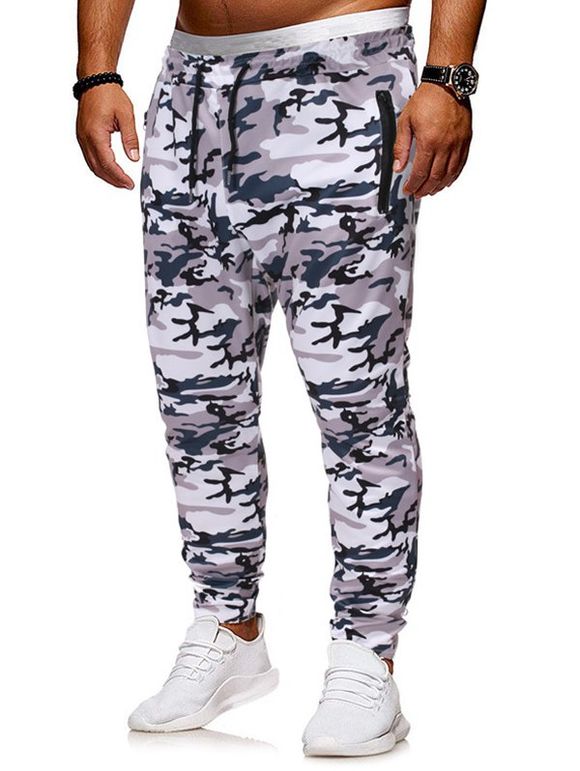 Pantalon Zippé Camouflage Imprimé avec Poche à Cordon - Gris XL