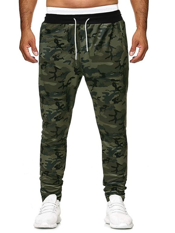 Pantalon Camouflage Imprimé Asymétrique avec Poche à Cordon - Vert S