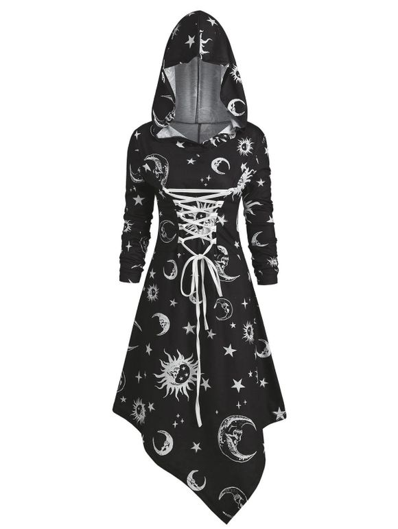 Robe à Capuche d'Halloween Lune Soleil et Crâne à Lacets - Noir XL