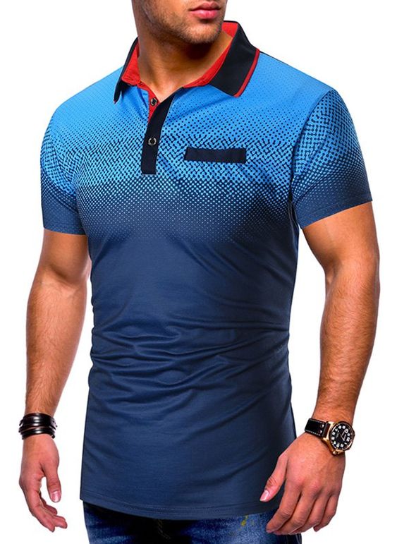 T-shirt en Couleur Contrastée Ombrée à Col Relevé avec Fausse Poche - Bleu profond 3XL