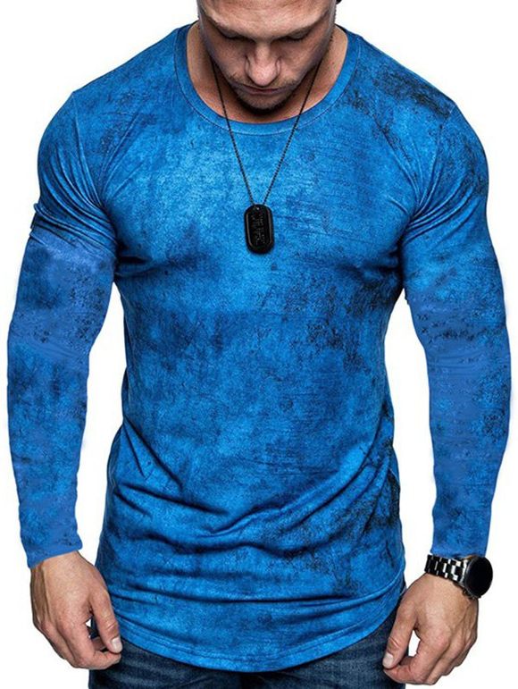 T-shirt Teinté Déchiré Manches Longues à Ourlet Incurvé - Bleu 2XL