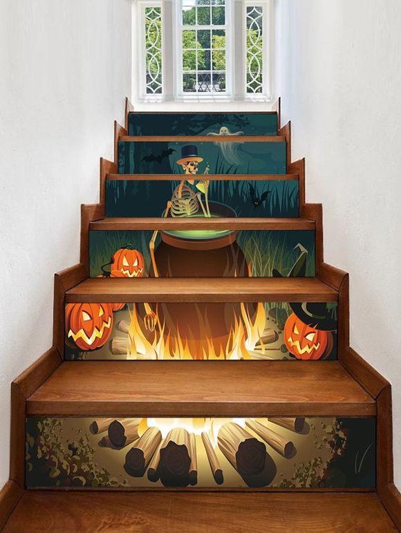 Stickers d'escalier amovibles avec impression squelette de fête d'Halloween - multicolor 6PCS X 39 X 7 INCH( NO FRAME )