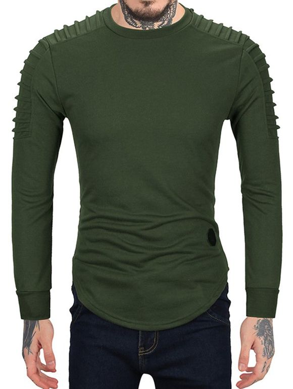 Sweat-shirt Manches Plissées en Couleur Unie à Ourlet Courbe - Vert Armée XL