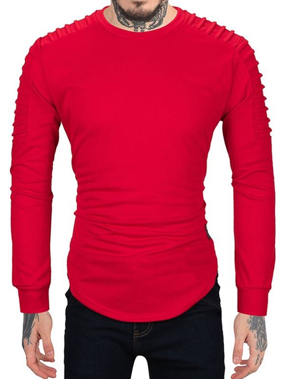 Sweat-shirt Manches Plissées en Couleur Unie à Ourlet Courbe - Rouge XL
