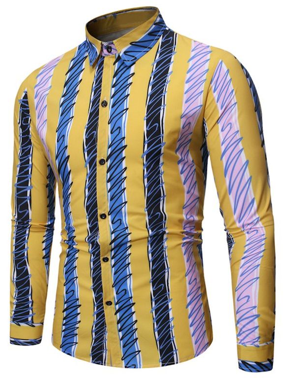 Chemise Colorée Rayée Imprimée à Maches Longues - Jaune Canard Caoutchouc 2XL
