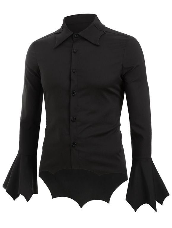 Chemise d'Halloween Boutonnée Haut Bas Ourlet Chauve-souris à Manches Longues - Noir XL