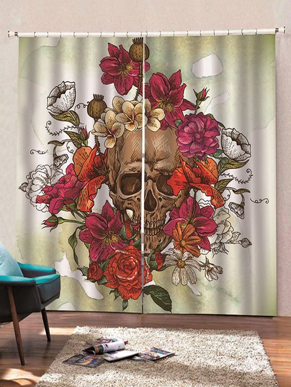 Rideaux de Fenêtre d'Halloween Crâne et Fleur Imprimés 2 Panneaux - multicolor C W75×L166CM×2PCS