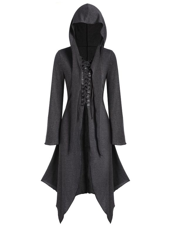 Manteau à Capuche Gothique Mouchoir Chiné à Lacets en Avant - Gris Carbone M