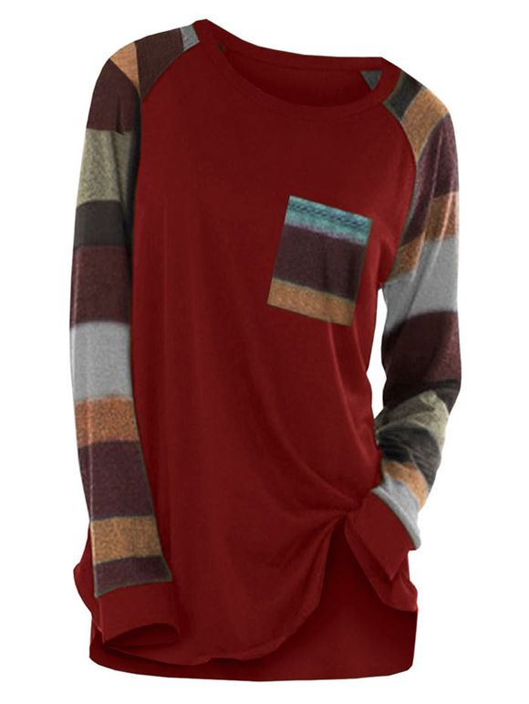 T-shirt Rayé en Blocs de Couleurs avec Poche de Grande Taille - Rouge 1X