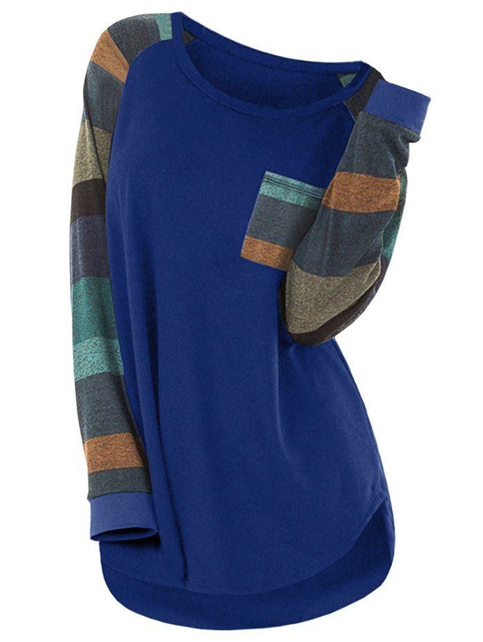 

Plus Size Striped Color Blocking Pocket T Shirt, Blue