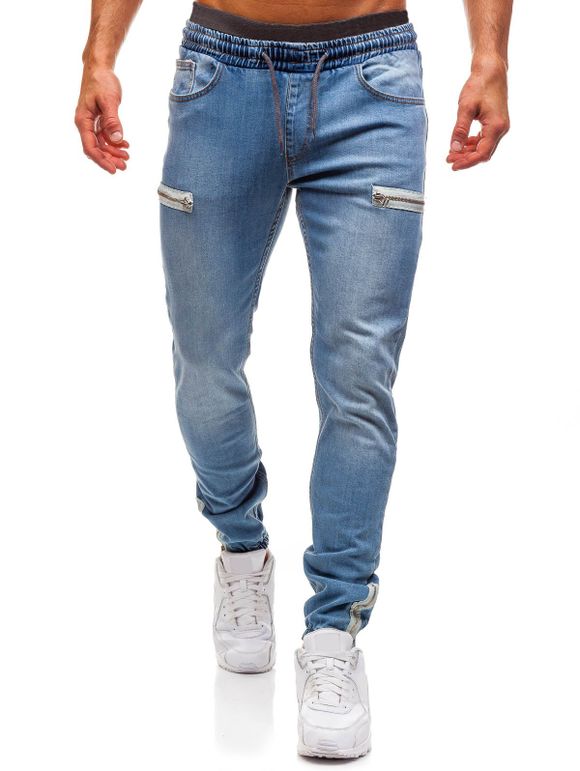 Pantalon de Jogging Élastique à Ourlet Zippé en Denim - Bleu clair L