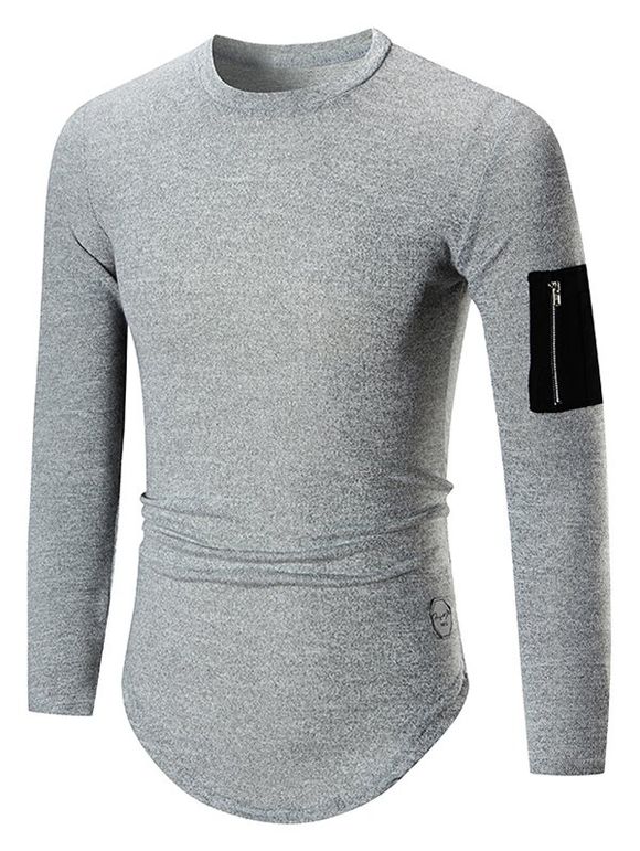 T-shirt Applique Zippé en Couleur Unie à Ourlet Courbe avec Poche - Gris Clair XL