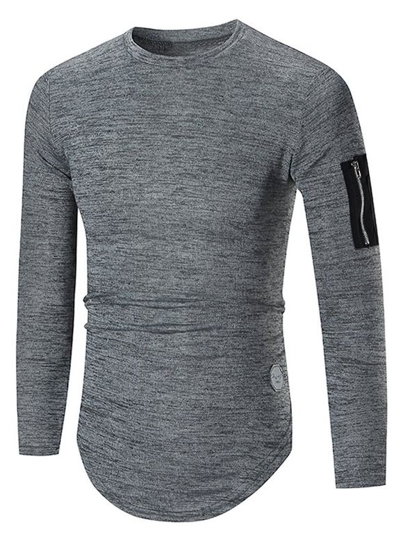 T-shirt Applique Zippé en Couleur Unie à Ourlet Courbe avec Poche - Gris Foncé XL