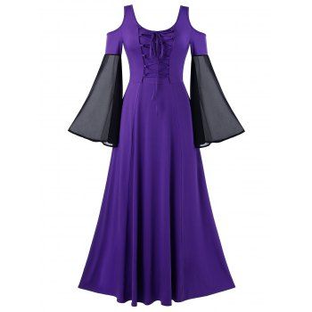 

Plus Size Open Shoulder Two Tone Vintage Maxi Dress, Purple amethyst