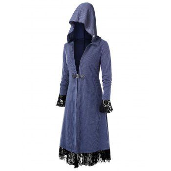 

Plus Size Longline Hooded Lace Insert Coat, Dark slate blue