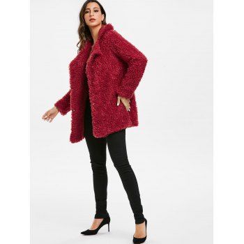 

Invisible Button Solid Faux Fur Coat, Red wine