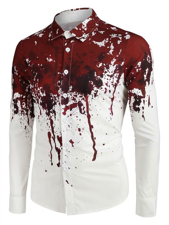 Chemise d'Halloween Boutonnée Sang Eclaboussé Imprimé à Manches Longues - Blanc M