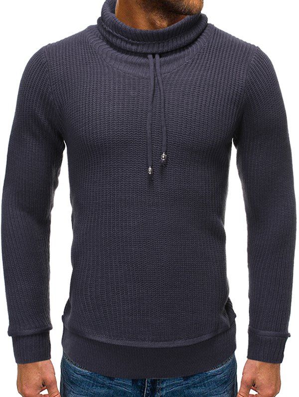 Drawstring Turtleneck Pullover Sweater - DARK GRAY S