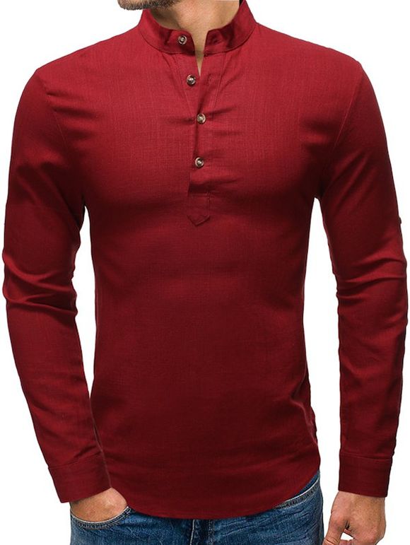 Chemise Embellie de Bouton à Manches Longues - Rouge Vineux XL