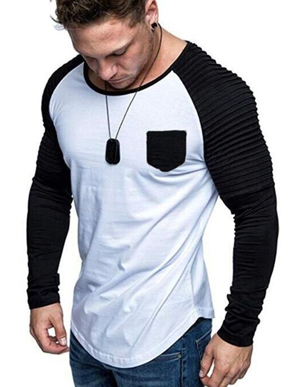 T-shirt Contrasté Manches Raglan à Ourlet Plissé avec Poche - Blanc XL
