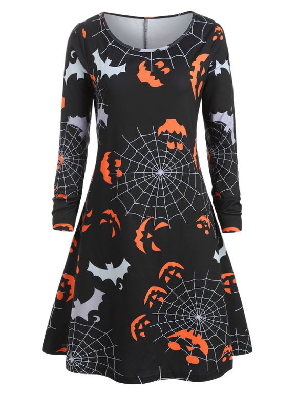 Robe Chemise d'Halloween Toile d'Araignée et Citrouille Imprimés Grande Taille - Noir L