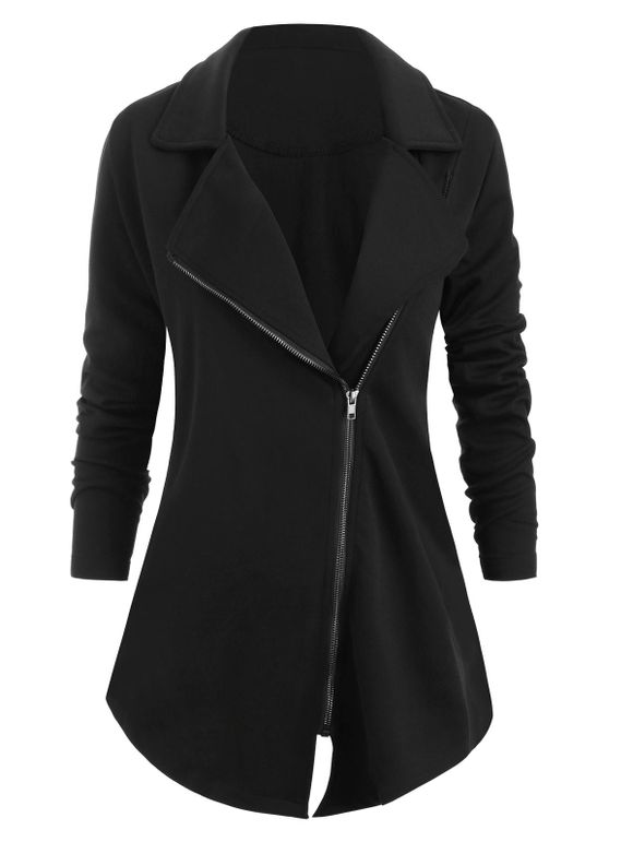 Manteau Asymétrique Zippé avec Poche Grande Taille à Revers - Noir L