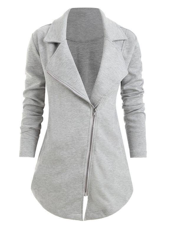 Manteau Asymétrique Zippé avec Poche Grande Taille à Revers - Gris L