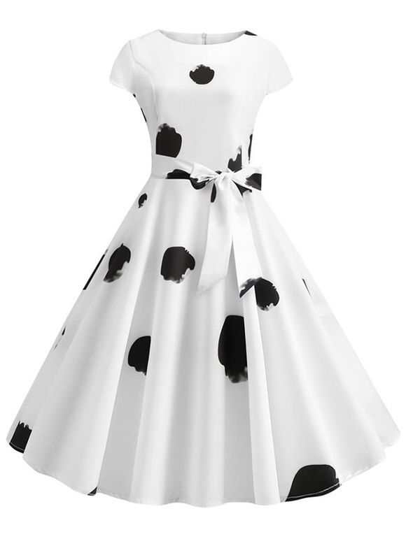 Robe Evasée Ceinturée Imprimée à Mancherons - Blanc 2XL