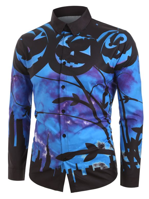 Chemise d'Halloween Graphique Citrouille Imprimée - Bleu S