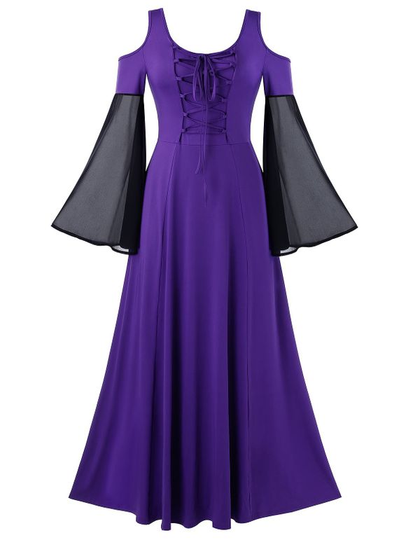 Maxi Robe Vintage Contrastée à Epaule Dénudée Grande Taille à Lacets - Violet Améthyste 2X