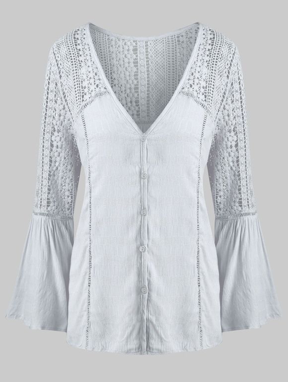 Blouse Panneau en Dentelle Transparente de Grande Taille Manches Evasées à Col V - Gris L