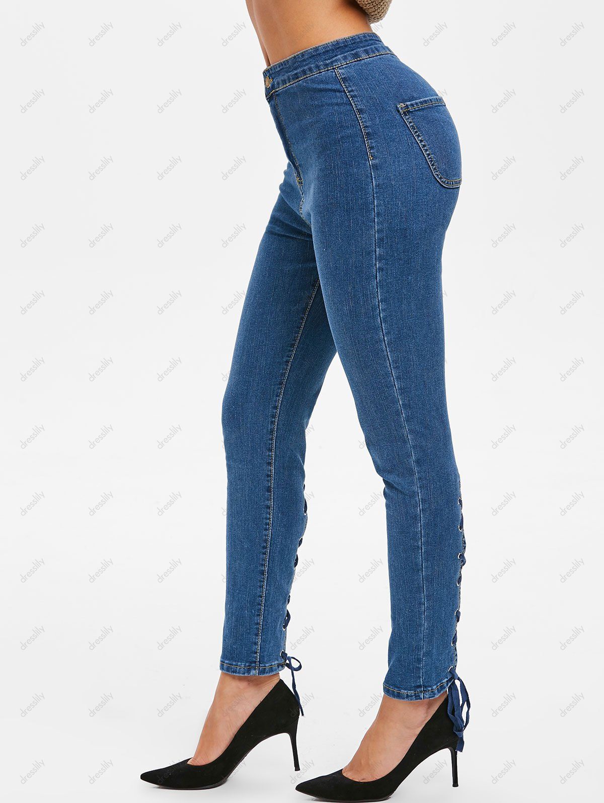[30% OFF] 2021 Lace Up High Waisted Zipper Fly Jeans In DENIM DARK BLUE ...