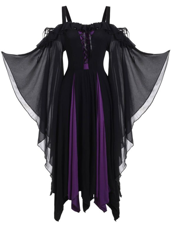 Robe d'Halloween Mouchoir à Manches Papillon à Lacets - Noir 2XL